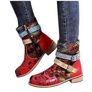 Womens Ankle Boots Red Floral Western Buckle Embroidered Side Zip Low Heel Sx 38